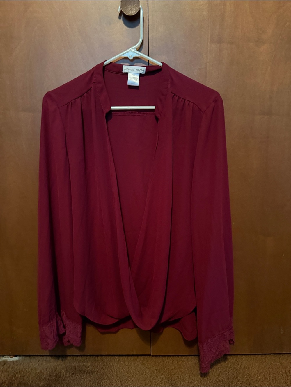 Jealous Tomato Women's Burgundy Draped Wrap Blouse with Lace Trim